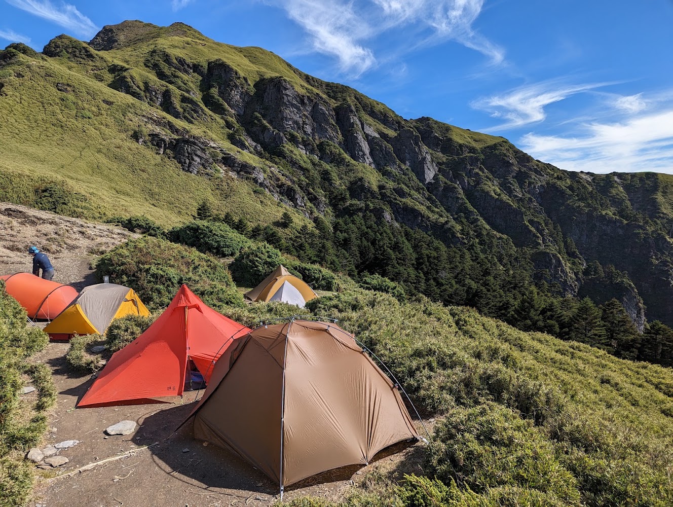 山區露營地彩色帳篷與高山藍天