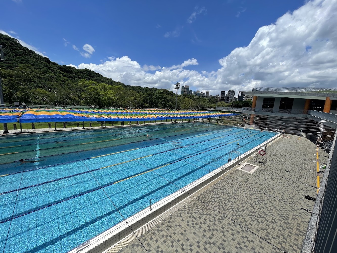 戶外標準游泳池,池邊有彩色遮陽棚