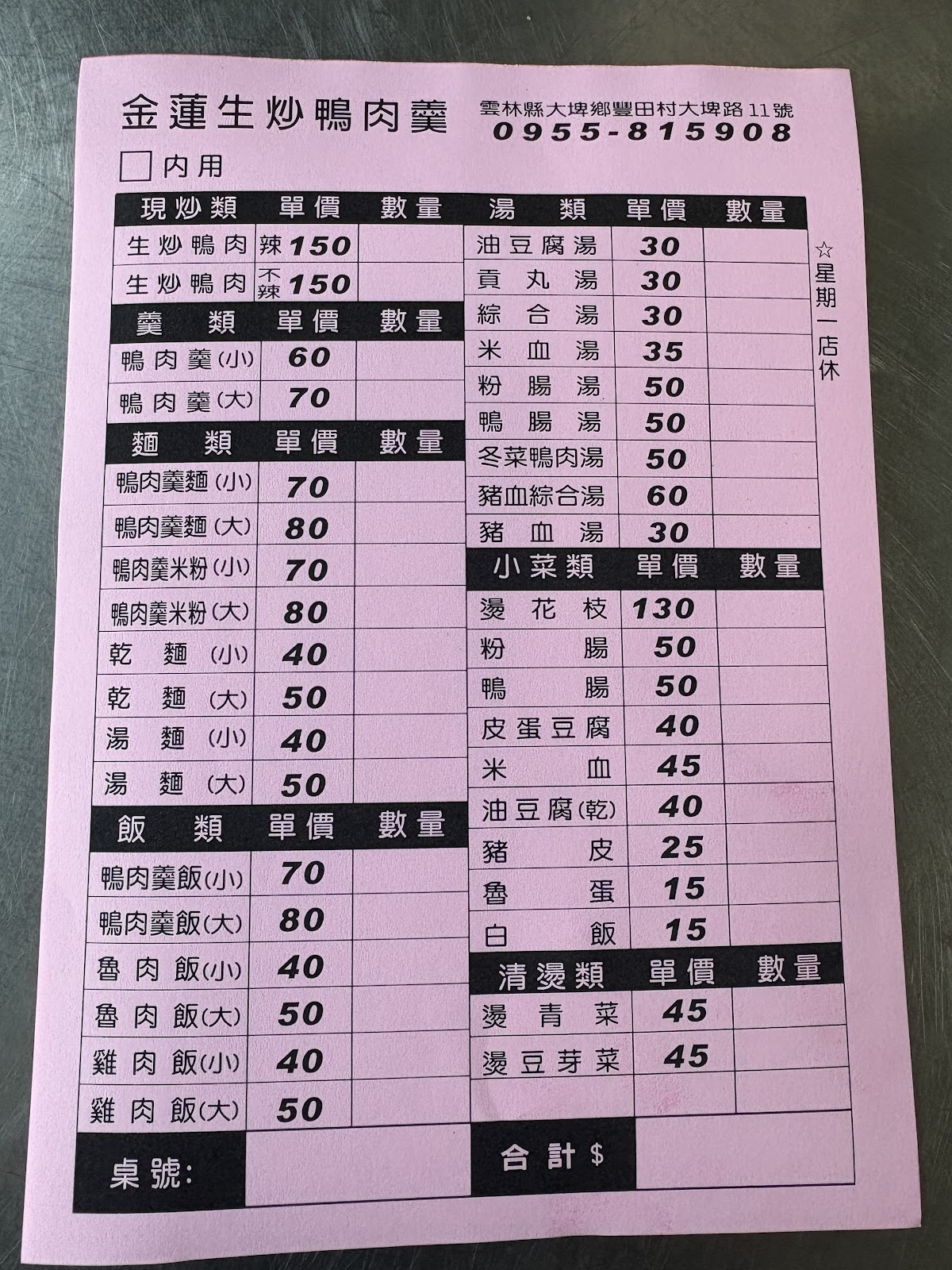 金蓮生炒鴨肉羹粉紅色菜單，列出現炒類、羹類、麵類、飯類與小菜價目表