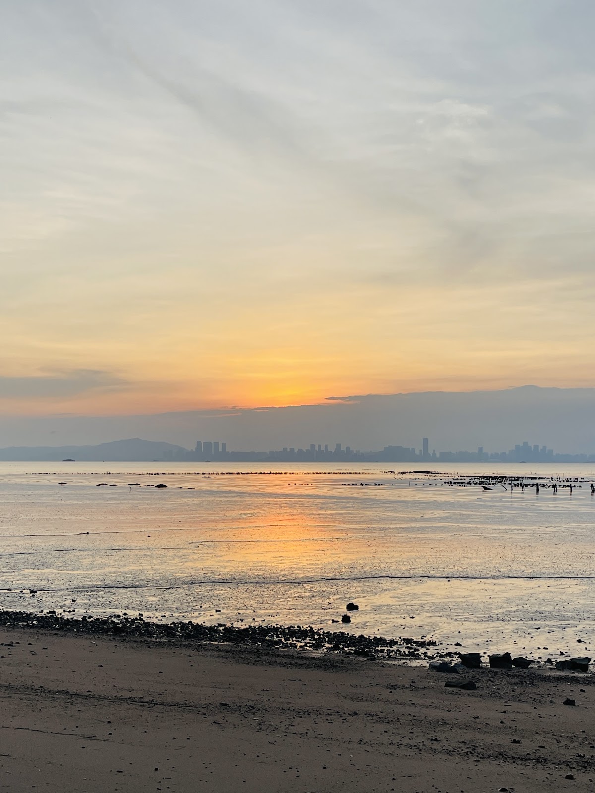北山海堤夕陽時分潮間帶石蚵田與對岸城市天際線