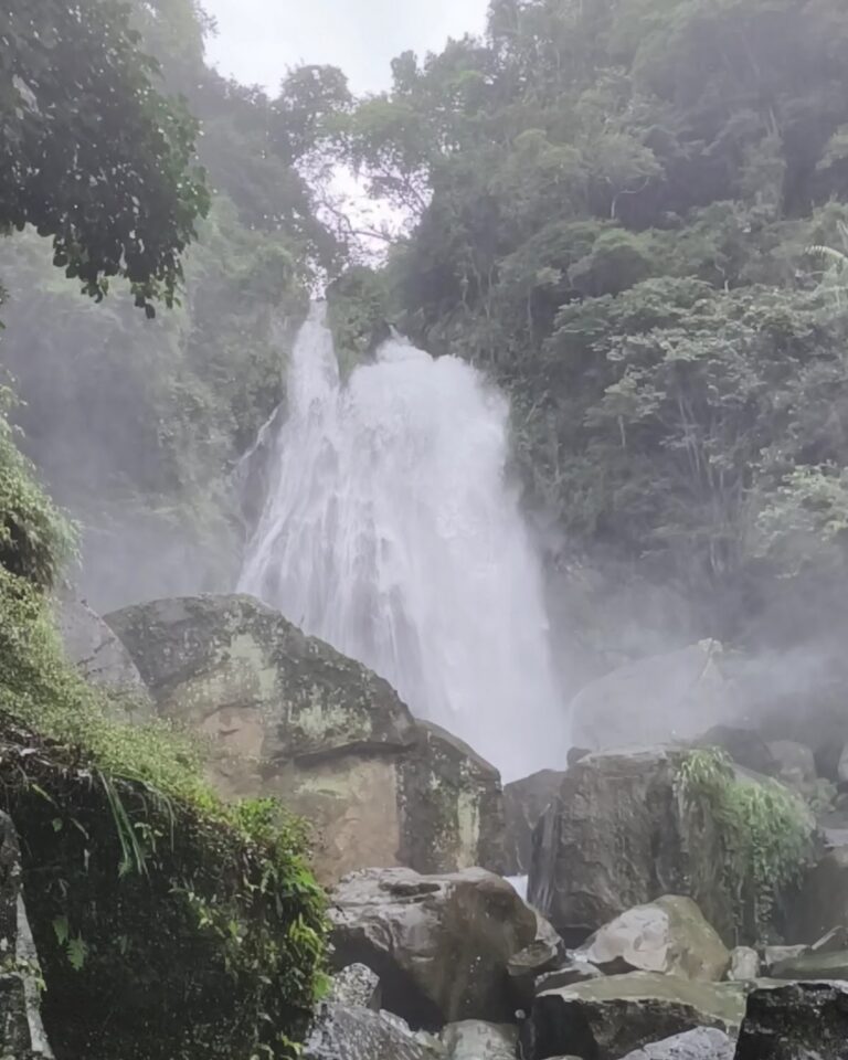 梅后蔓瀑布30公尺瀑布全景,水氣氤氳於岩壁間