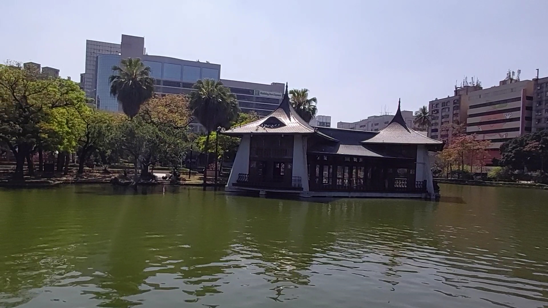 湖中央涼亭與周邊綠樹和現代建築