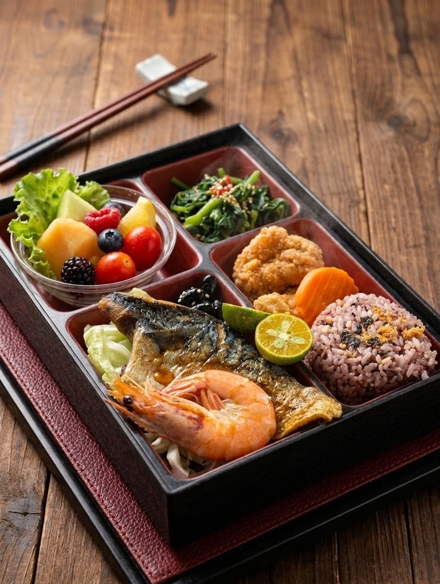 這張圖片是一份日式便當,內含烤魚、蝦子、唐揚雞、紫米飯、炒青菜,以及新鮮水果。餐盒分格豐富且擺盤精美。圖片未見浮水印。