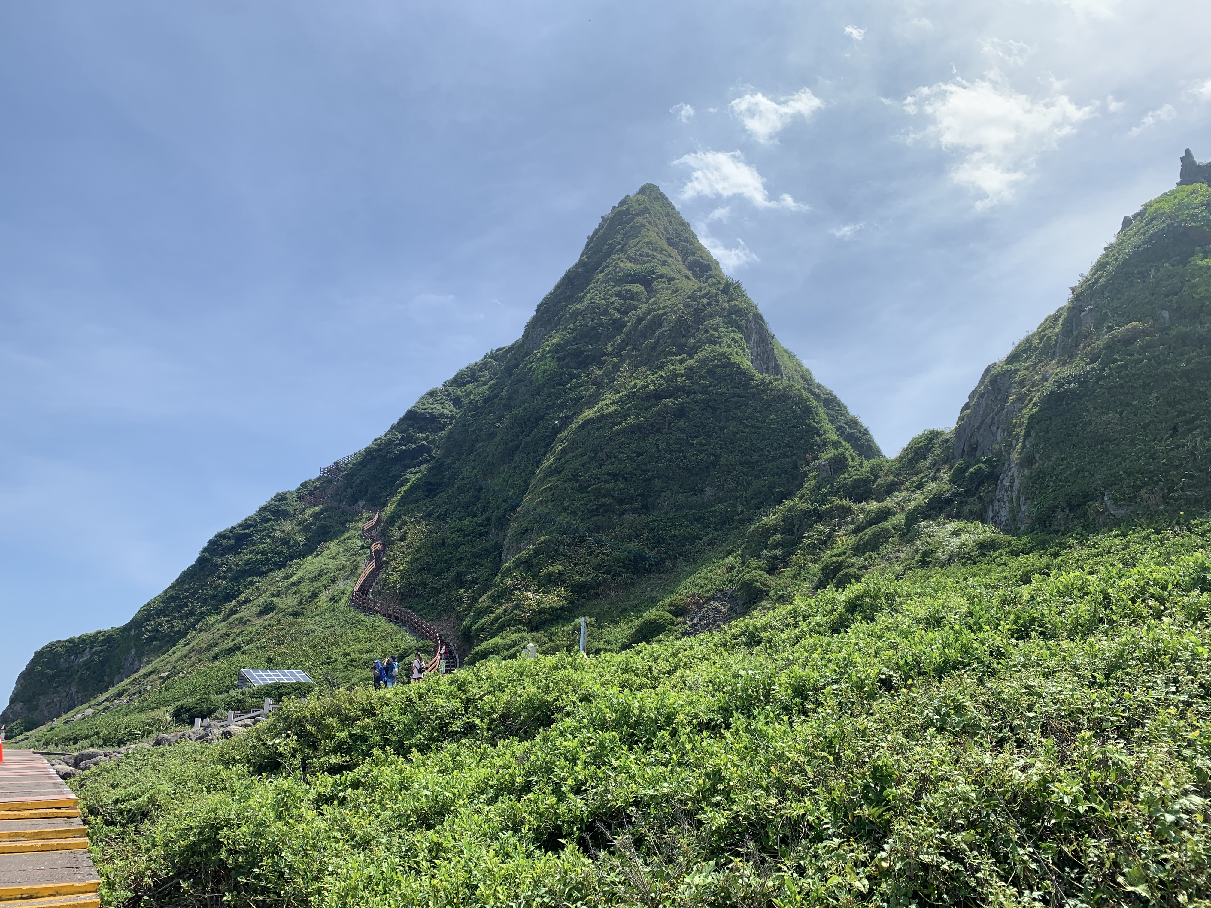 翠綠山丘上有蜿蜒階梯步道與登山遊客