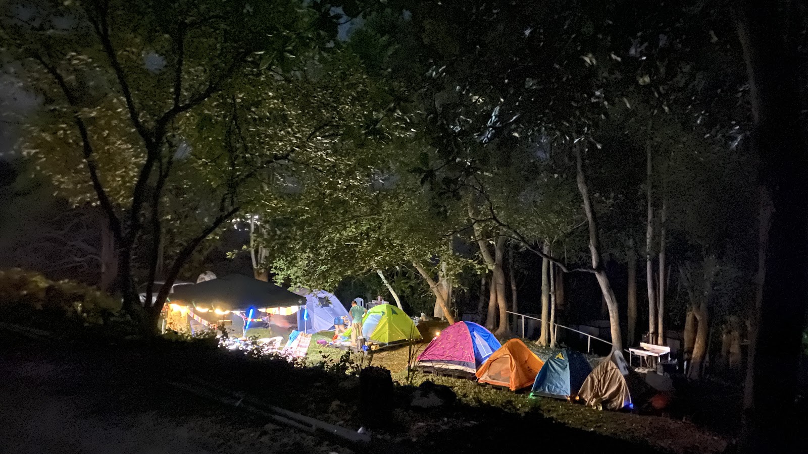 士文自然休閒農場夜間露營帳篷區，燈火點點