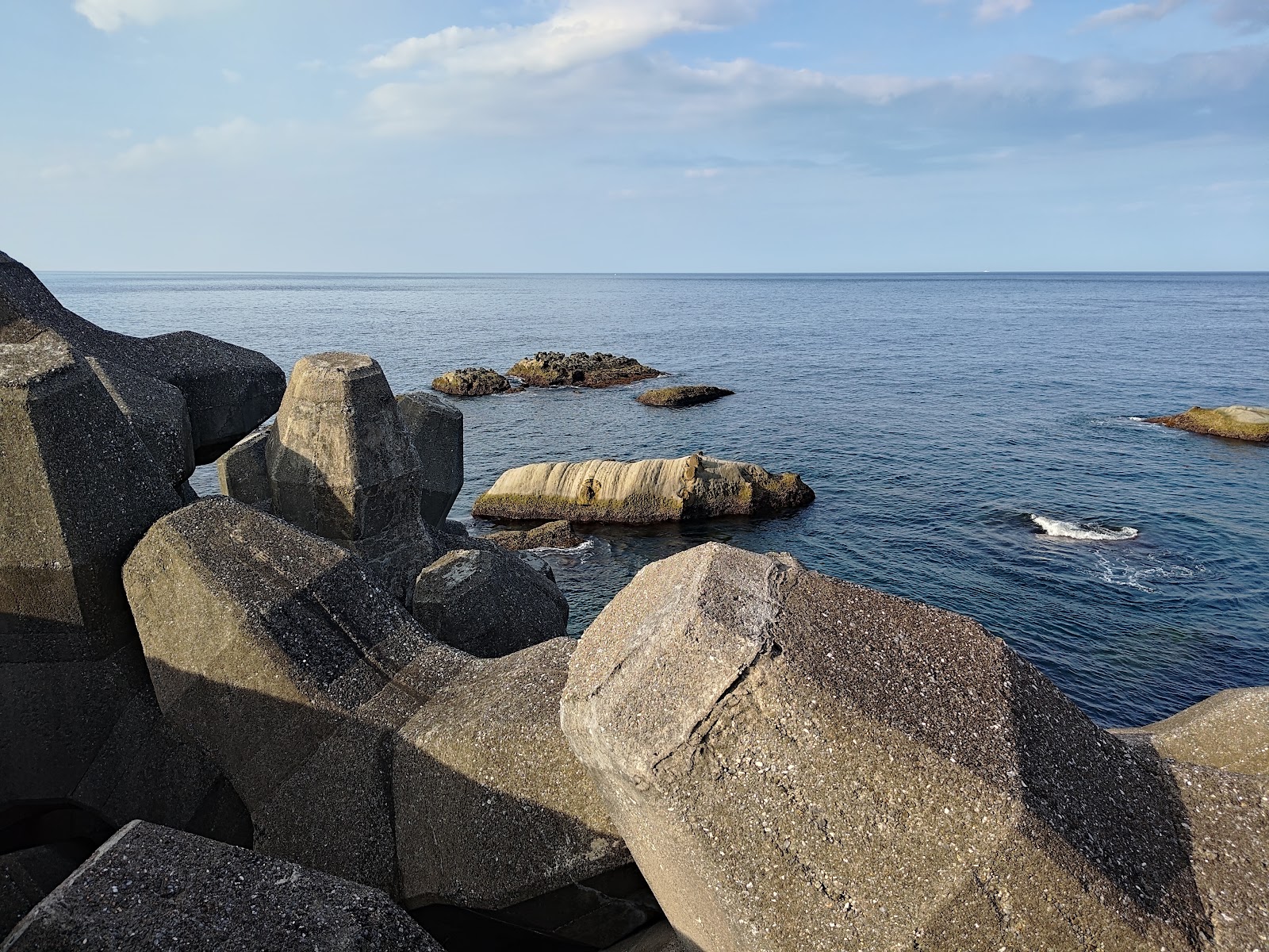 消波塊前景,海面上可見河馬狀礁岩輪廓