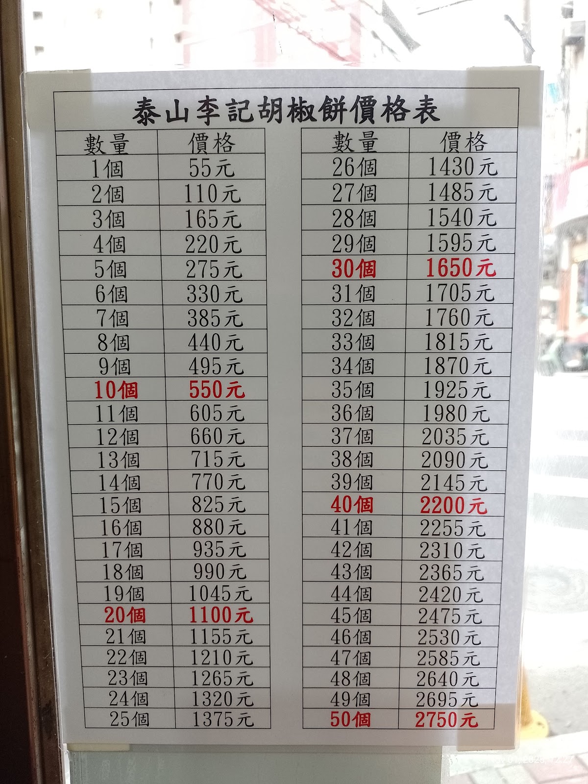 泰山李記胡椒餅店門口價格表｜泰山區泰山李記胡椒餅