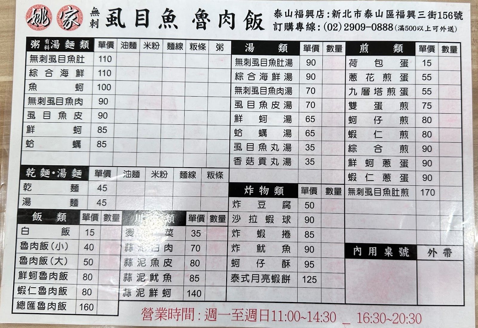姚家無刺虱目魚魯肉飯菜單價目表｜泰山區姚家無刺虱目魚魯肉飯