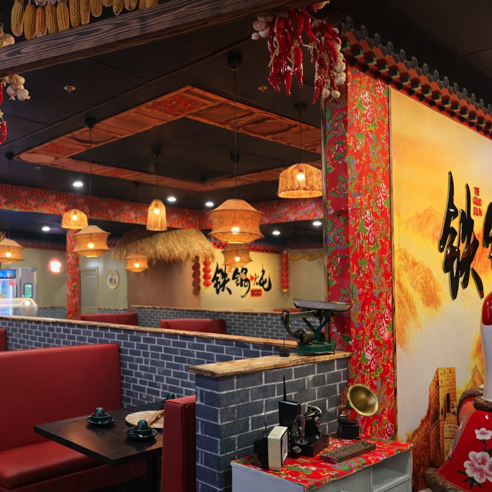 這張圖片展示一間中式餐廳的內部,有紅色沙發座椅、磚牆、吊燈、裝飾辣椒和玉米,以及中式壁畫和毛筆字牆面,整體氛圍復古且充滿中國風。圖片無明顯浮水印。