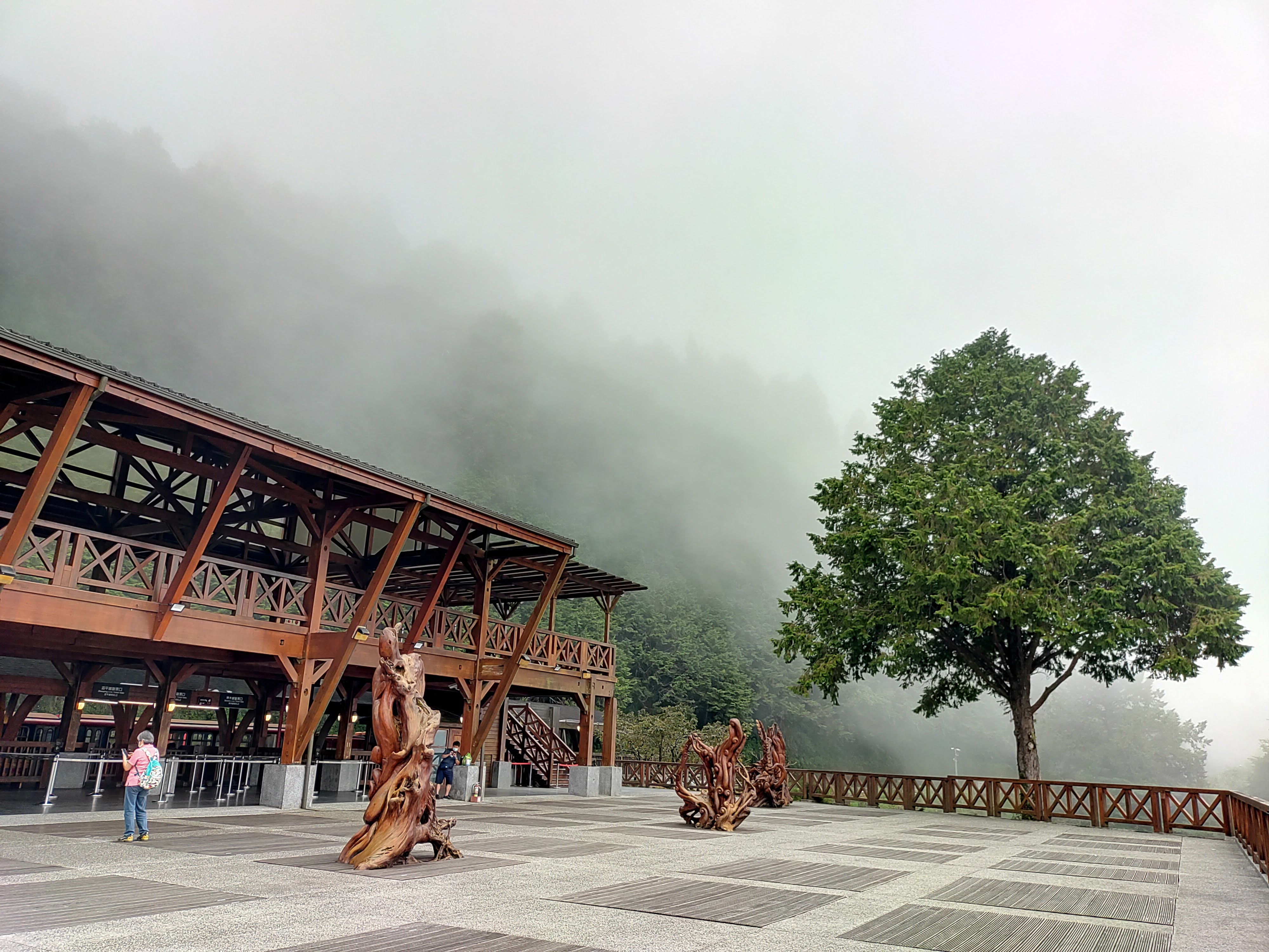 阿里山平台區建築木雕與山霧景色