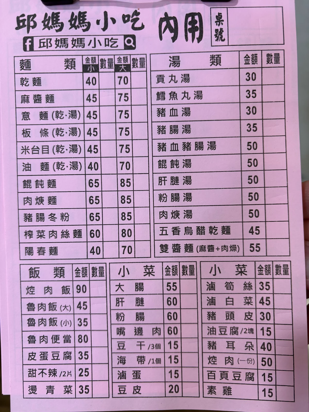 桃園八德邱媽媽小吃菜單價目表