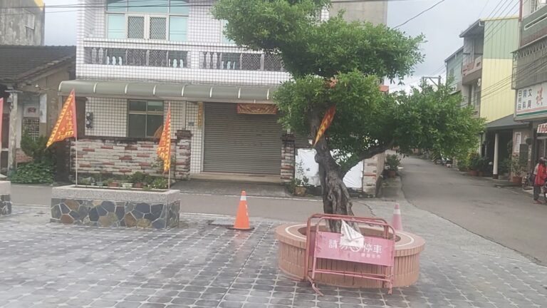 雲林斗南石龜溪熊貓彩繪村-聚落巷弄一景,老屋前插著進香旗,大樹下設有休憩座椅