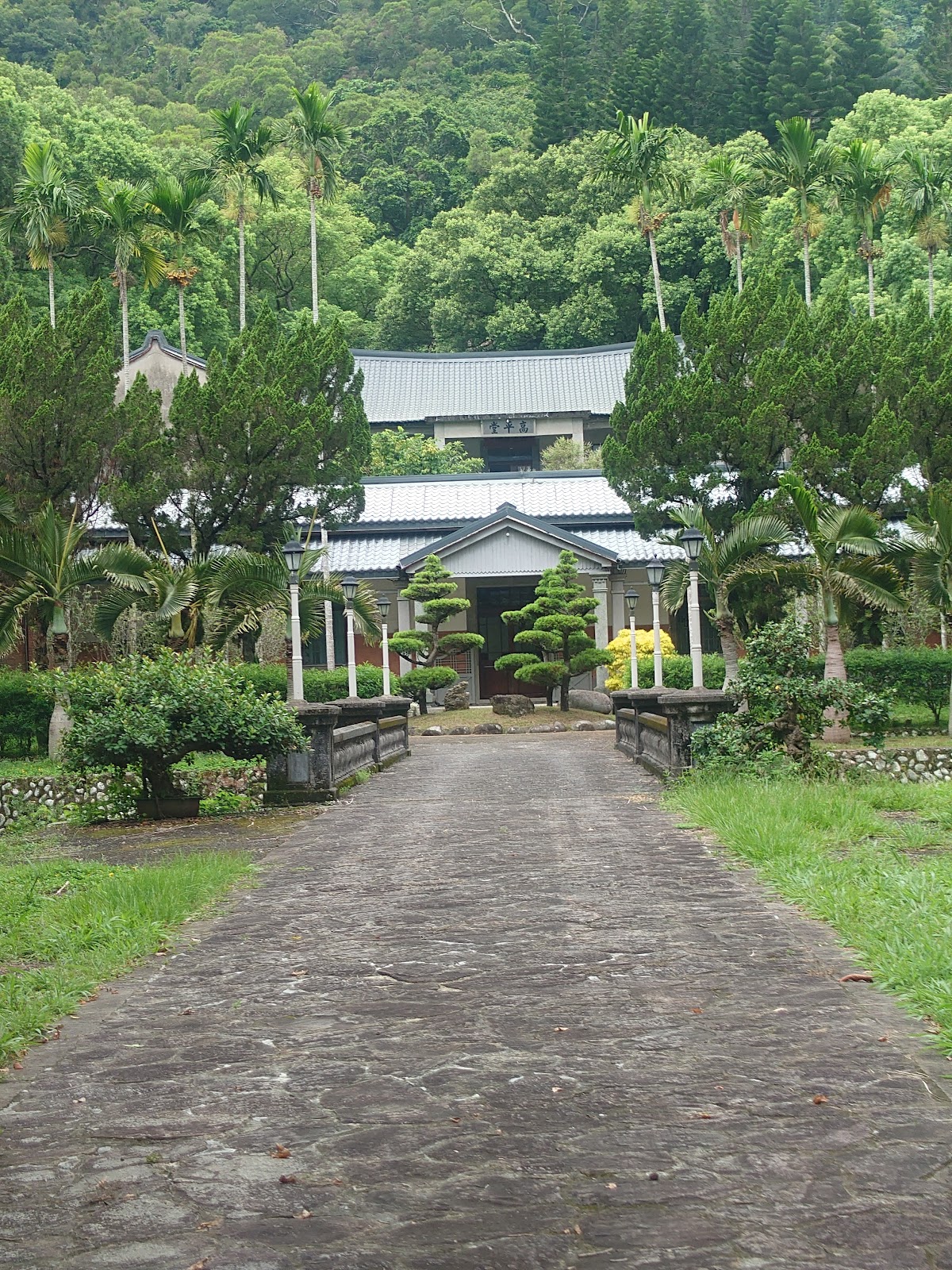 沿石板步道走進范朝燈故居，兩側椰影扶疏，日式洋樓隱約可見