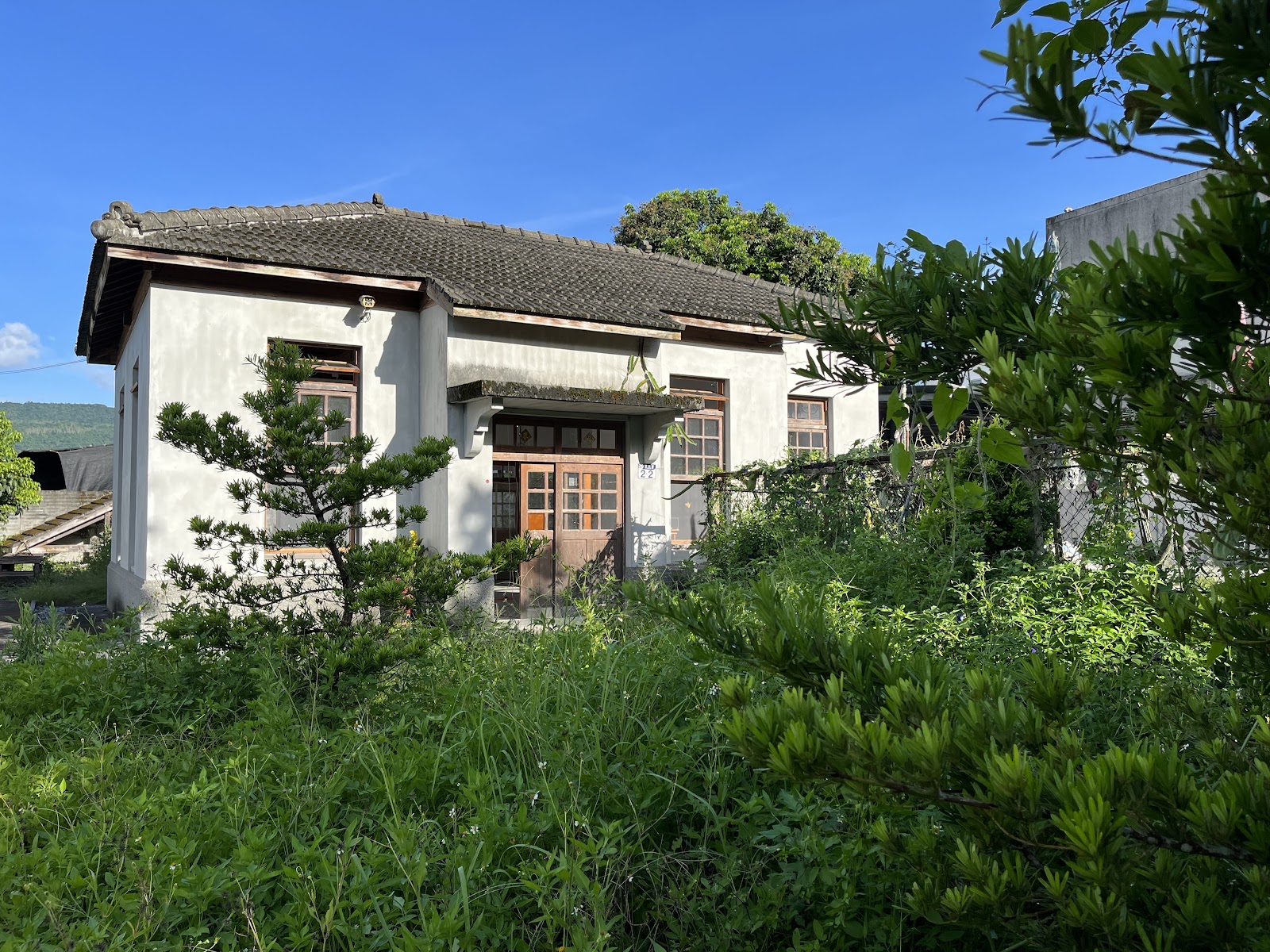 花蓮縣考古博物館二館晴天遠景,綠色灌木叢生