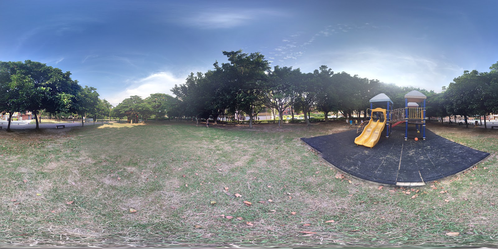 新豐公園草地與遊戲區的全景,是親子放電的好去處