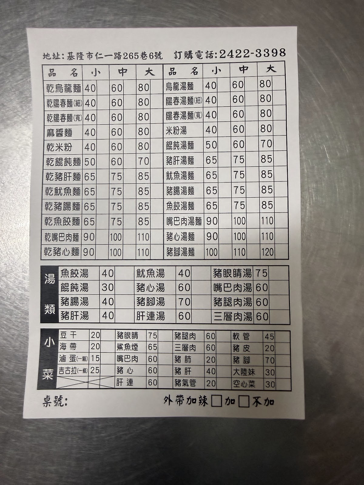 巷弄麻將烏龍麵的手寫價目表，品項從烏龍麵到黑白切一應俱全｜基隆仁愛區巷弄麻將烏龍麵