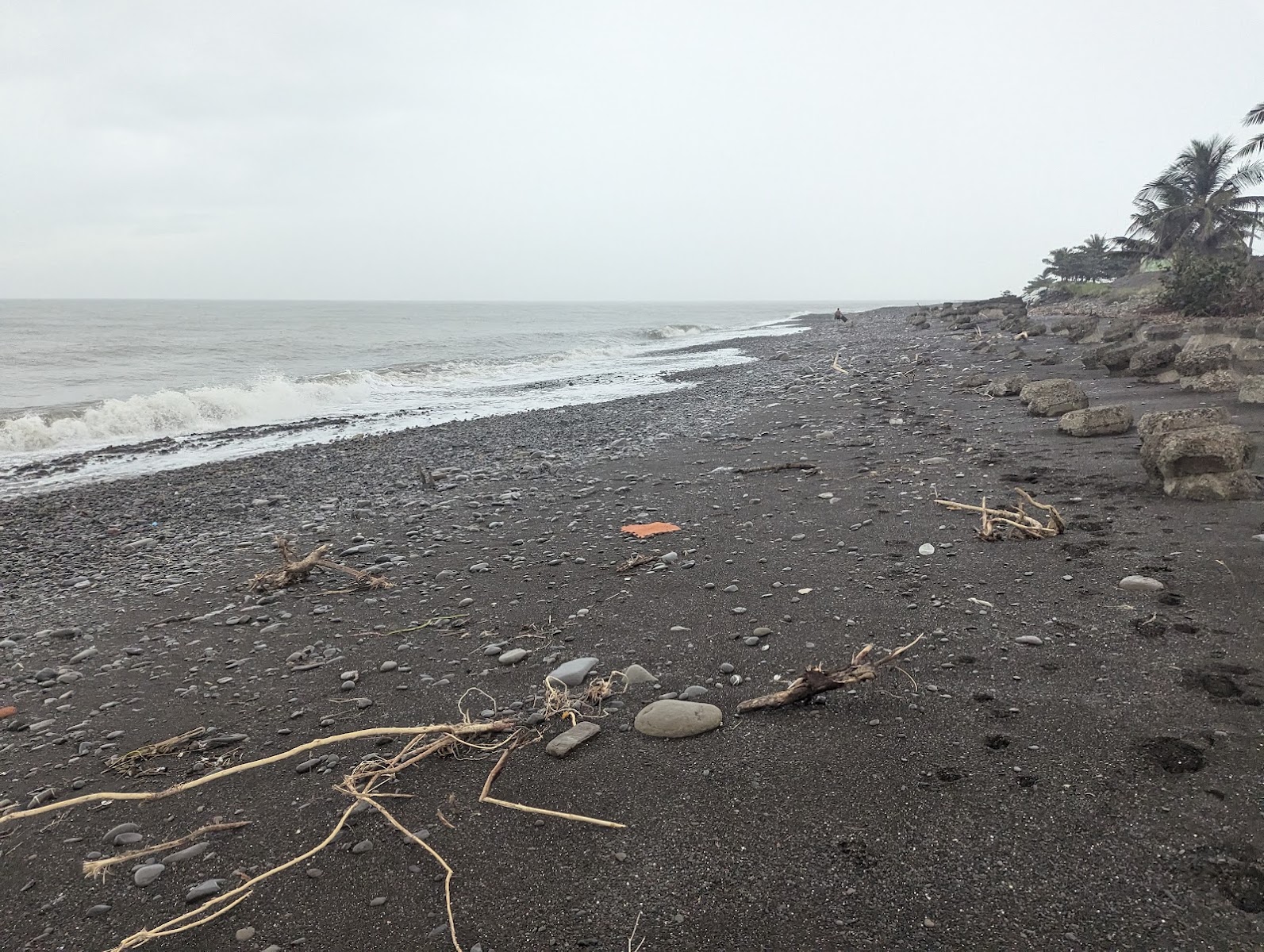 加祿堂沙灘陰天礫石灘全景,浪花拍岸與漂流木
