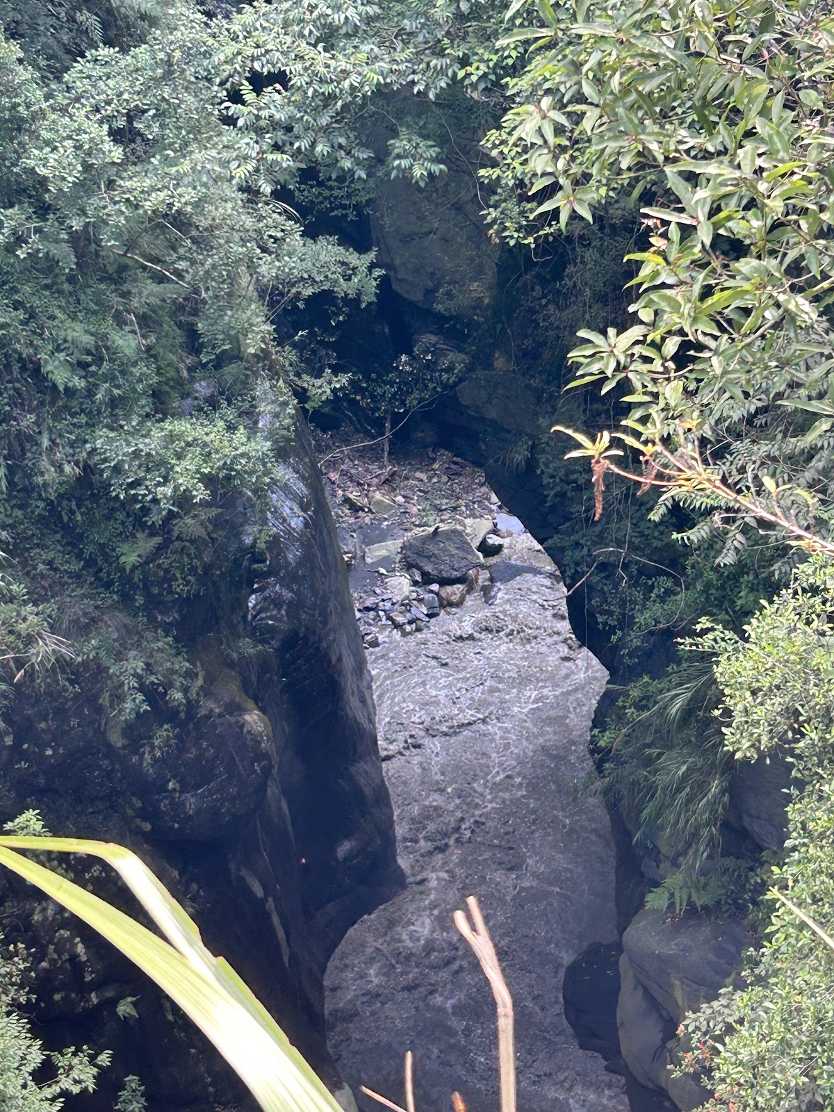 人止關一線天峽谷地形近照，兩側岩壁夾峙溪水