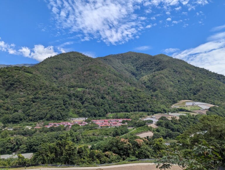 瑞岩部落俯瞰全景,紅色屋頂房舍群錯落於群山谷地間
