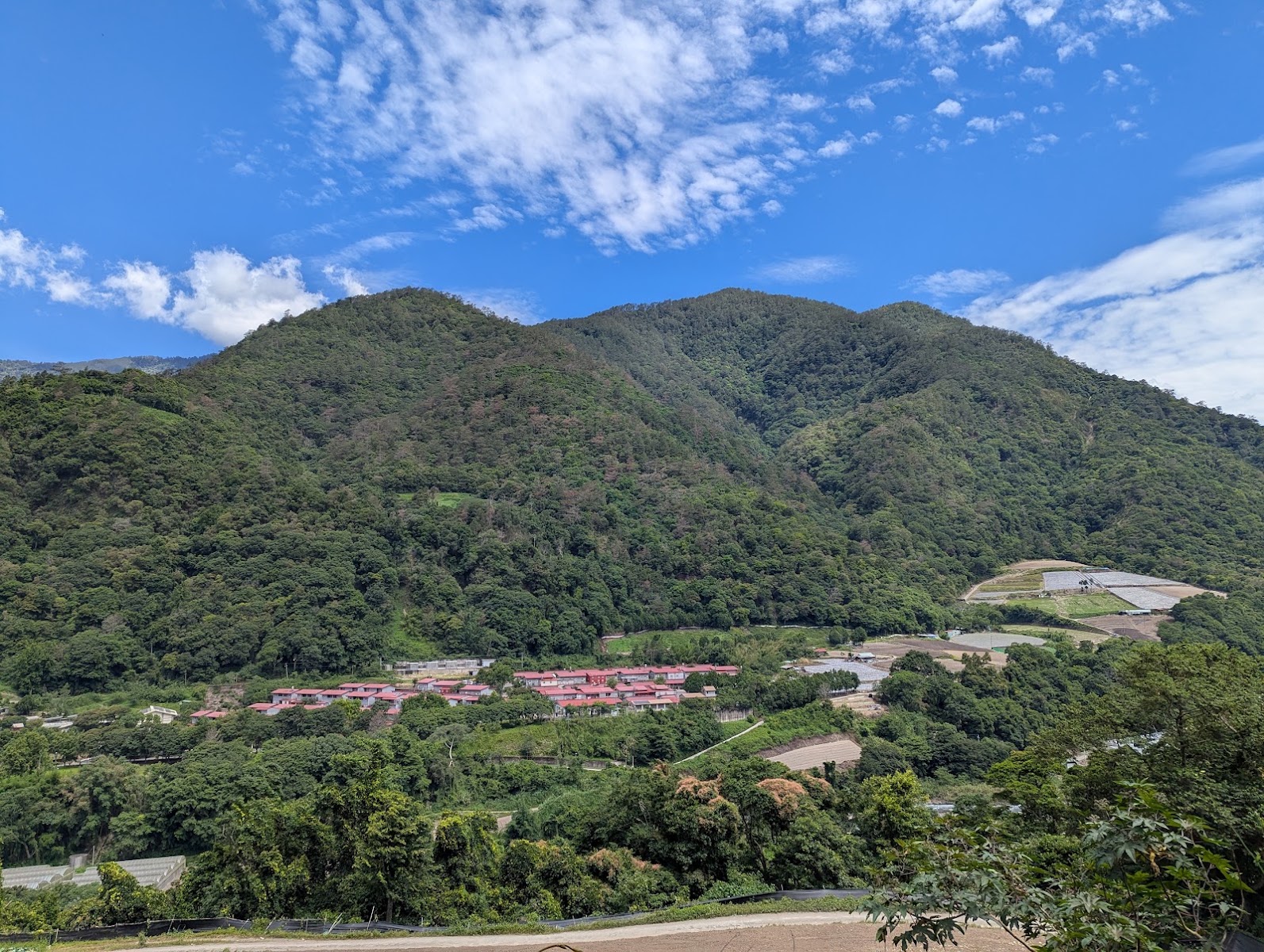 瑞岩部落俯瞰全景,紅色屋頂房舍群錯落於群山谷地間