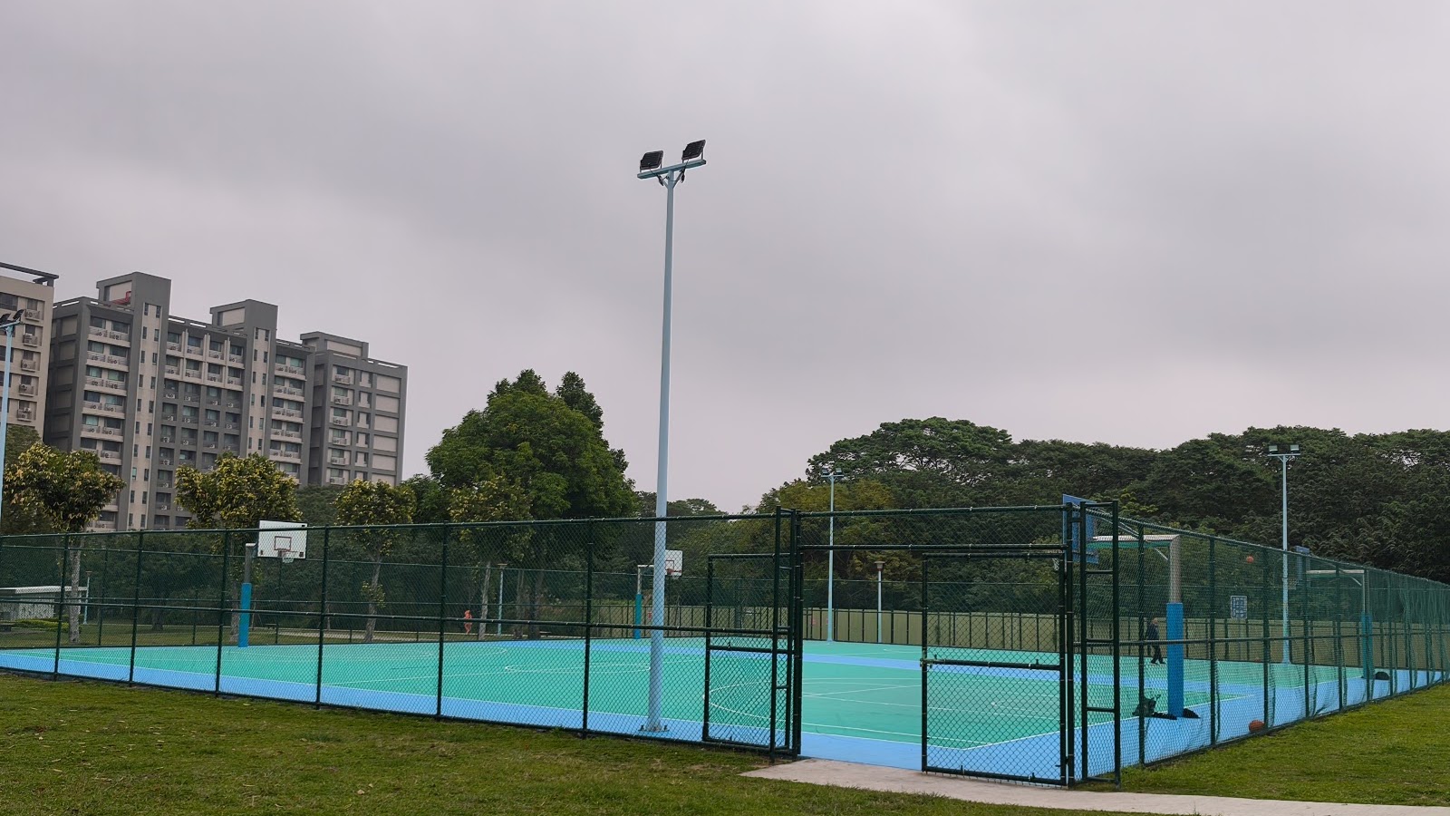 興仁親子公園綠茵草地上的薄荷綠多功能籃球場遠景