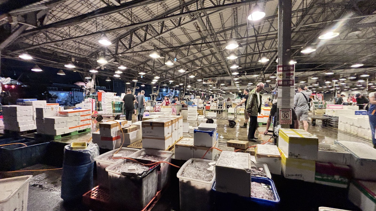 三重力行魚市場內部深夜拍賣場景,鐵皮屋頂吊燈成排,地面堆滿保麗龍冰箱
