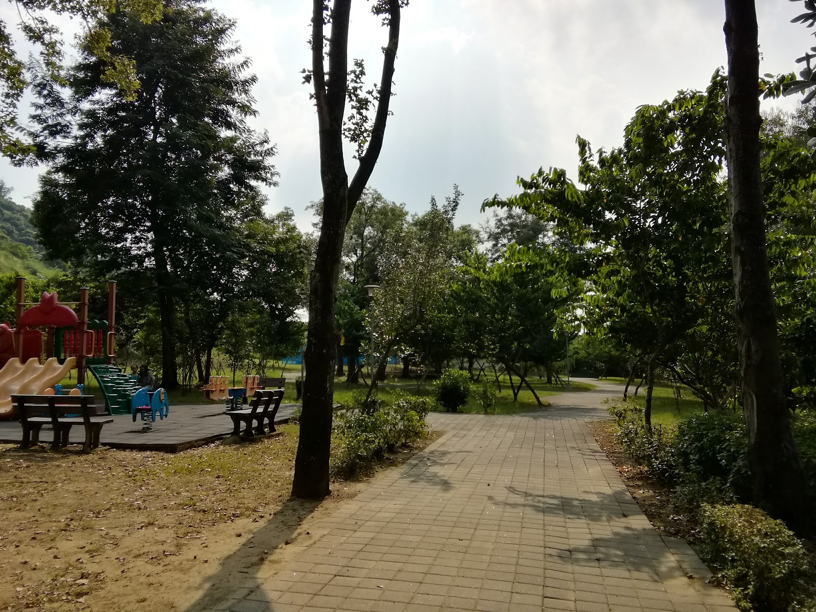 三興公園鋪磚步道與兒童遊戲區溜滑梯