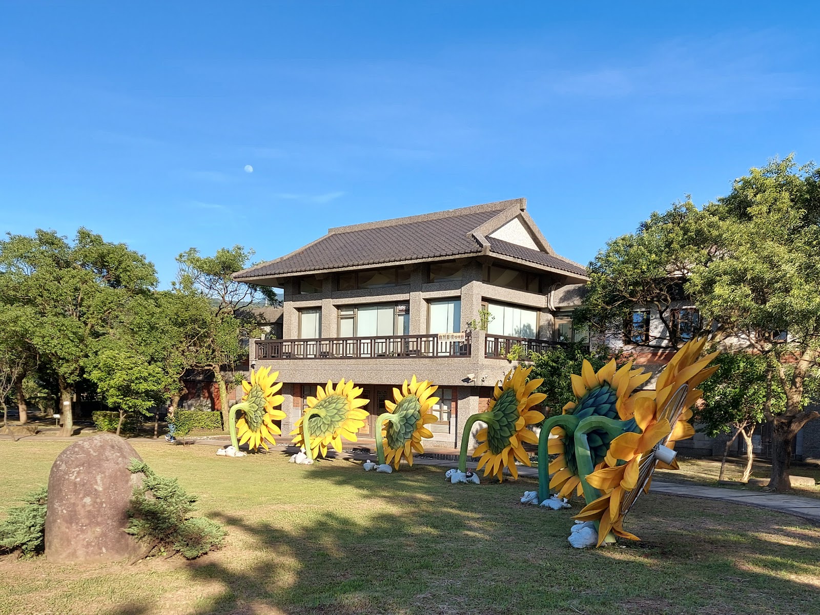 三芝遊客中心名人文物館日式建築外觀與向日葵裝置藝術
