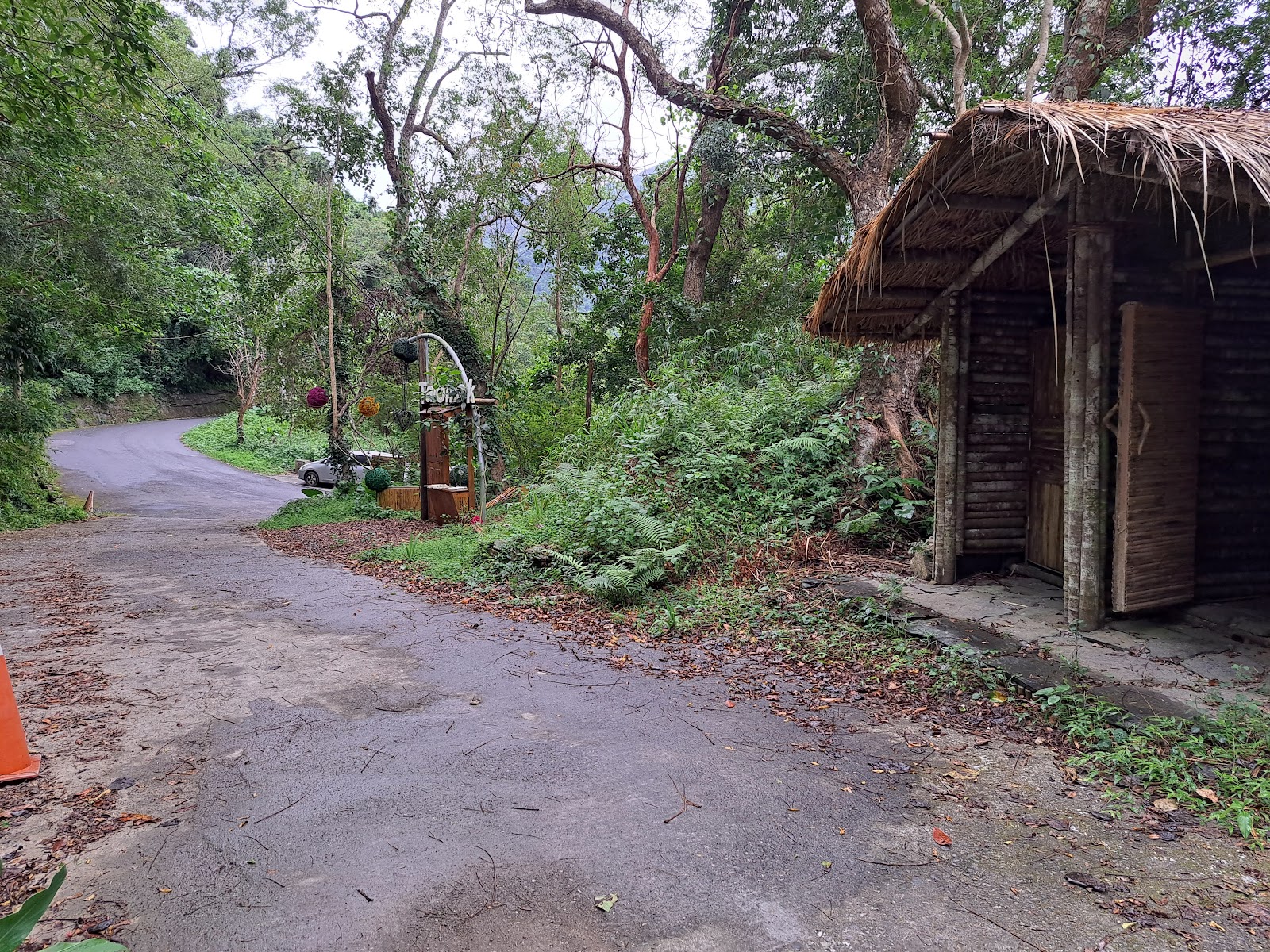 達魯瑪克打卡牆-小獵寮茅草屋頂全景,山路轉彎處