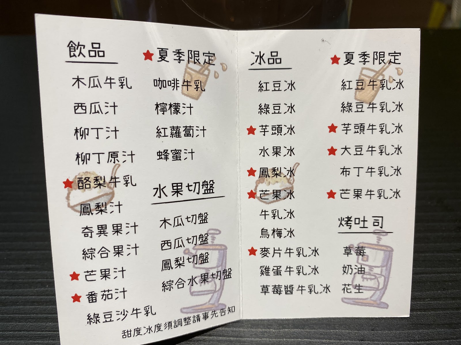小夜城冰果城菜單木瓜牛奶與各式剉冰