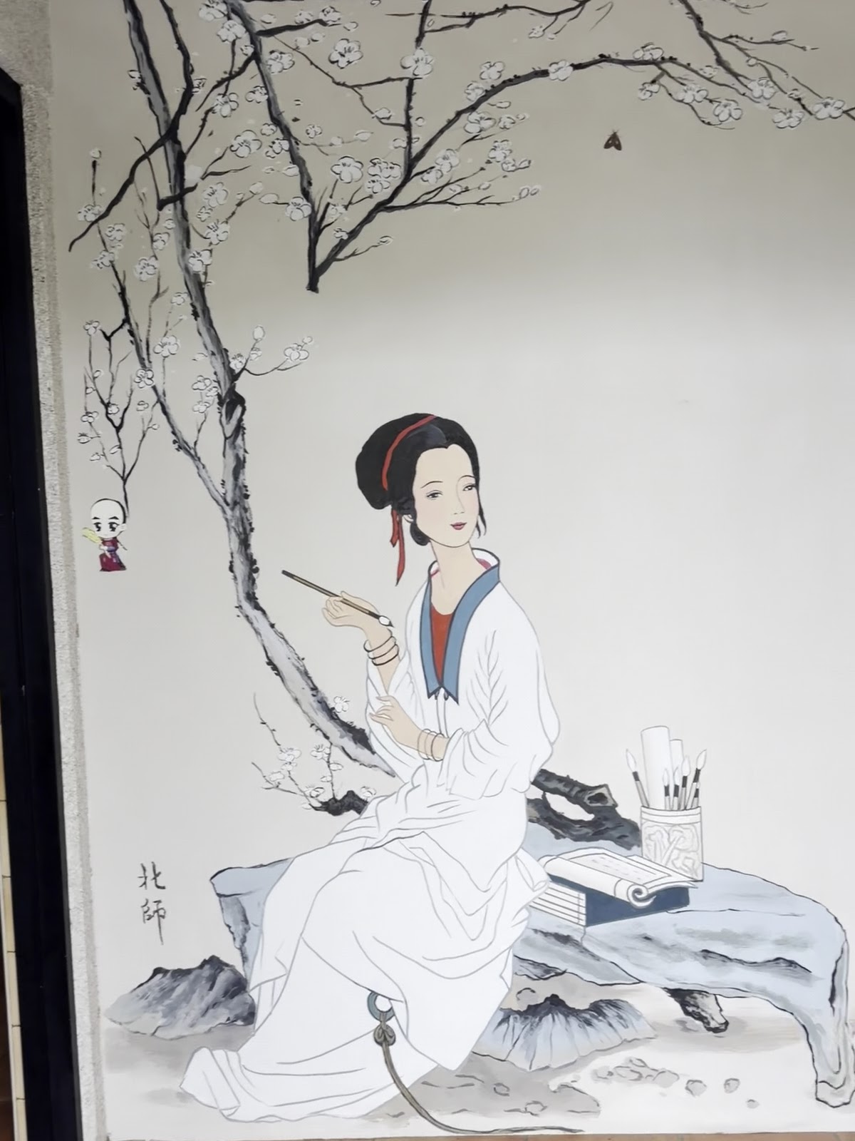 無我茶禪手繪壁畫 店內手繪仕女撫琴壁畫,增添幾分禪意