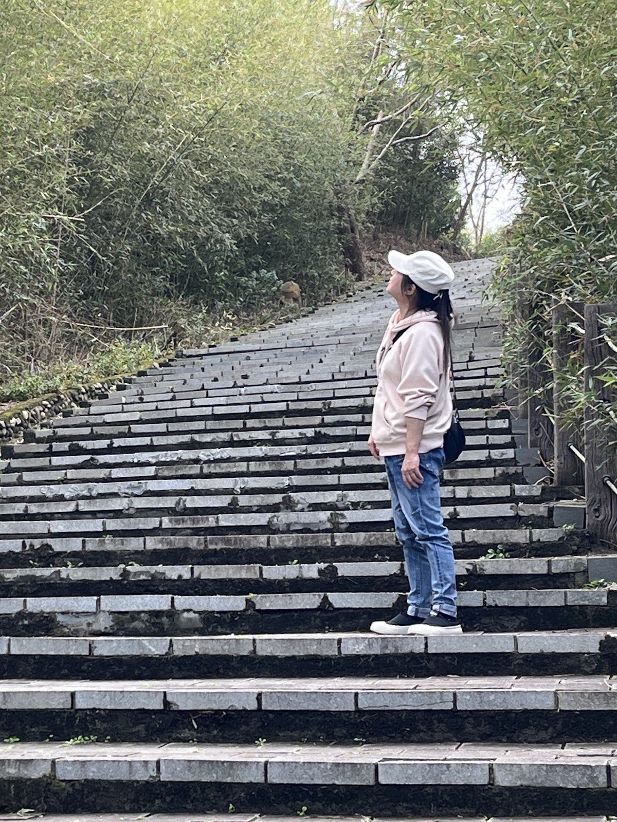 墨硯山步道頂的石碑特寫，藍天白雲，苗栗頭屋景點