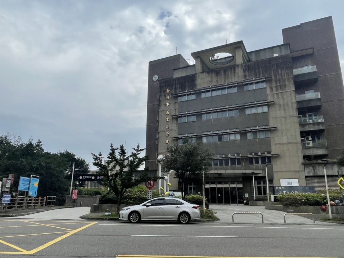 萬里區公所正面陰天照，可見灰色辦公大樓建築與門口白色轎車