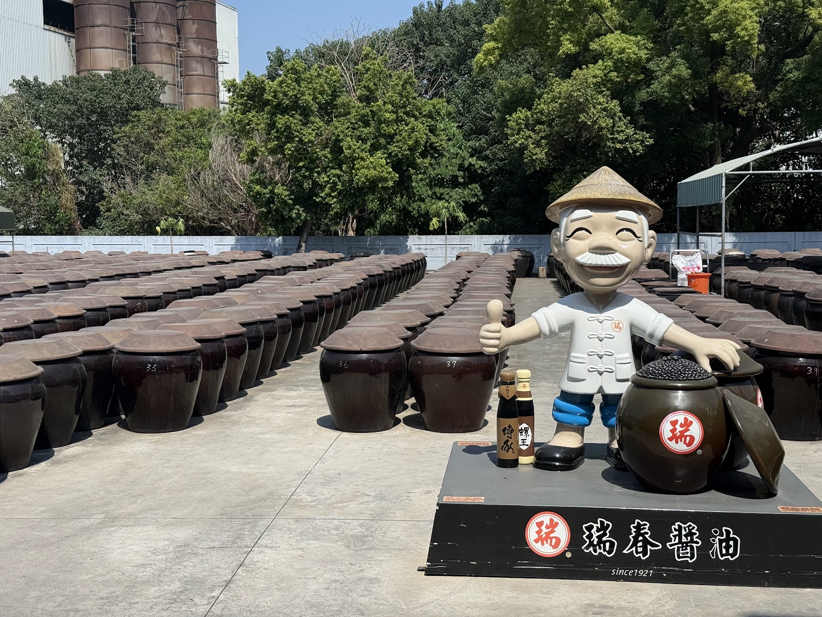西螺瑞春醬油觀光工廠戶外甕場全景，數十排陶甕整齊排列