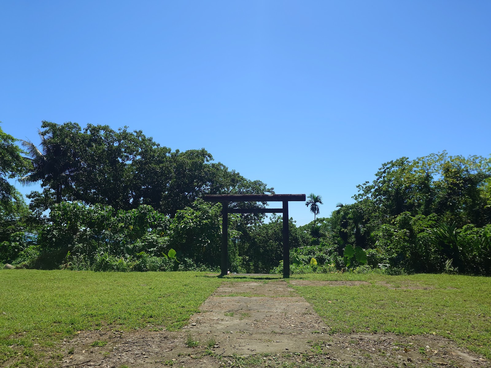 秀林加灣神社殘蹟，草地中央矗立日治時期木造鳥居，藍天白雲，四周被茂密樹林環繞